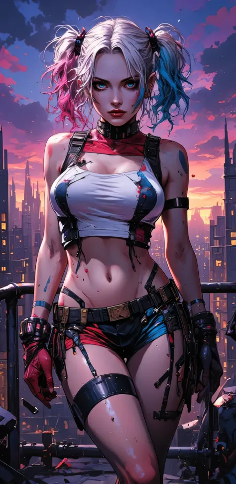 (masterpiece, best quality, ultra-detailed), Harley Quinn vertical crop from knees to head, standing with slight hip tilt, seductive curvy silhouette with large breasts, flawless pale skin, sultry confident expression with half-lidded eyes and playful smir...