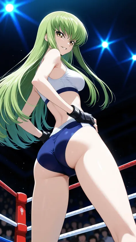C.C., Code Geass, gold eyes, solo, Detailed eyes, white sports bra, white boy-leg spats, black fingerless gloves, thigh, medium breast, serious grin, looking at viewer, Detailed eyes, Detailed face, hands on hip, medium shot, from behind, from below.
indo...