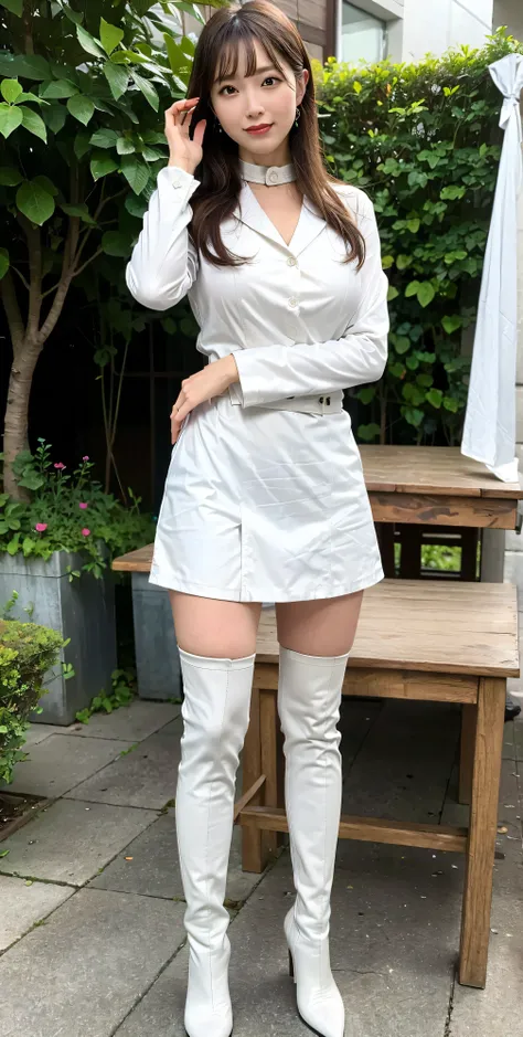 (8k, raw photo, top quality, table top:1.2), (realistic, realistic:1.37), very detailed,(Depicting the entire area below the knee、 40 year old Japanese woman),one woman,full body,(and my stomach stuck out,    Plump), A-line skirt ,((stewardess uniform,unif...