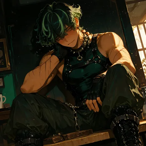 dutch angle, male focus, foreshortening, standing, sitting at table, blushing, arousal, hand on neck, looking away, shy expression, ((saturated dark skin)), leaning against wall, fangs, 1boy, A fembody, mature, curly hair, hair covering eyes, scar on arm, ...