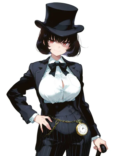 masterpiece, best quality, official anime illustration, (Shibusawa Eiichi genderbend:1.3), (original character:1.2), (1girl:1.2), (solo:1.2), cowboy shot, from front, voluptuous body, large breasts, looking at viewer, standing, one hand on hip, alluring se...