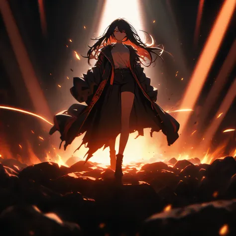 A fierce anime-style female vocalist stands under a dramatic spotlight, gripping a microphone with a burning gaze. Her long black hair flows wildly as neon red and orange lights illuminate the stage. She's wearing a slightly tattered jacket over dark rock-...