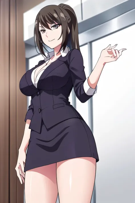 can you draw a nice smile,See lots of cakes、Please draw a woman who wants to be the main character of the cake，A place with lots of sweets,draw a woman who eats cake and is satisfied，white blouse，navy blue mini skirt,，OL ，black hair long hair，Let's draw a ...