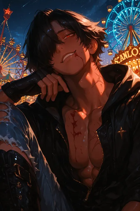 face, portrait, face focus, from below, smug expression, head tilt, slight cruel smirk, looking at viewer, relaxed stiff grumpy posture, blood splatter on face, 1 femboy, black messy hair, hair over one eye, intricate border, ((saturated very dark skin)), ...