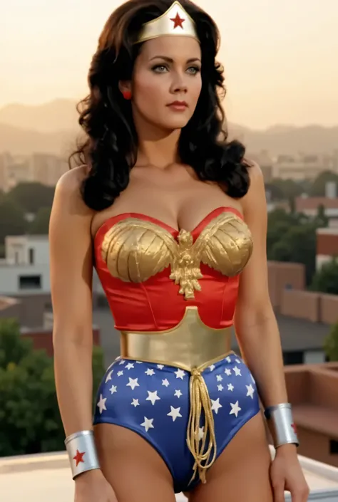 (Excellent masterpiece:1.5)0.7]，(wonder woman:1.2) ( messy brunette :1.1) ( dark eyes :1.2) (muscular:1.1) (Thick lips:0.9)，A photorealistic, high-resolution thigh-up portrait of a beautiful, athletic woman captured from a side-back angle, wearing the clas...