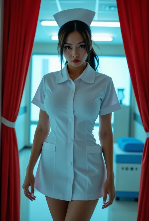 (Nurse skirt uniform), thighs wearing pantyhose.
Glamorous body, big breasts.
Fascinating hospital room.
Moment the curtains are opened.
Super beautiful Japanese woman, villainess, evil nurse, looks like a intimidating dominatrix, closed mouth, condescendi...