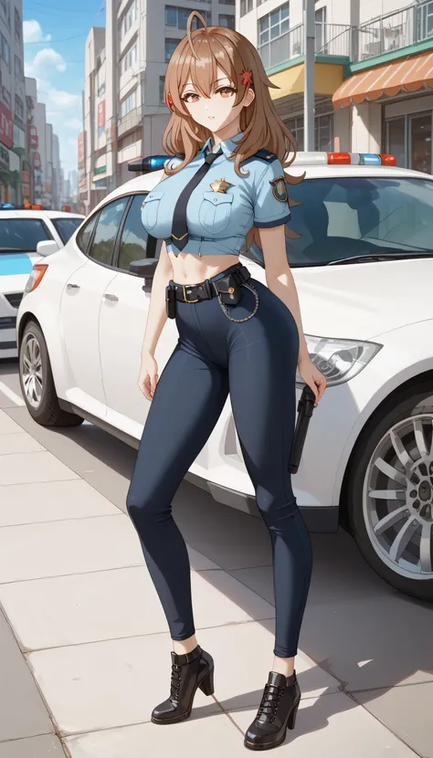 physically-based rendering, (1girl, maria mikhailovna kujou, long hair, bangs, brown hair, hair ornament, hair between eyes, brown eyes, Ahoge, large breasts), wear sexy crop top, (slim body,HUGE FAKE BREASTS:1.2), street city, slim waist, big buttocks, (f...