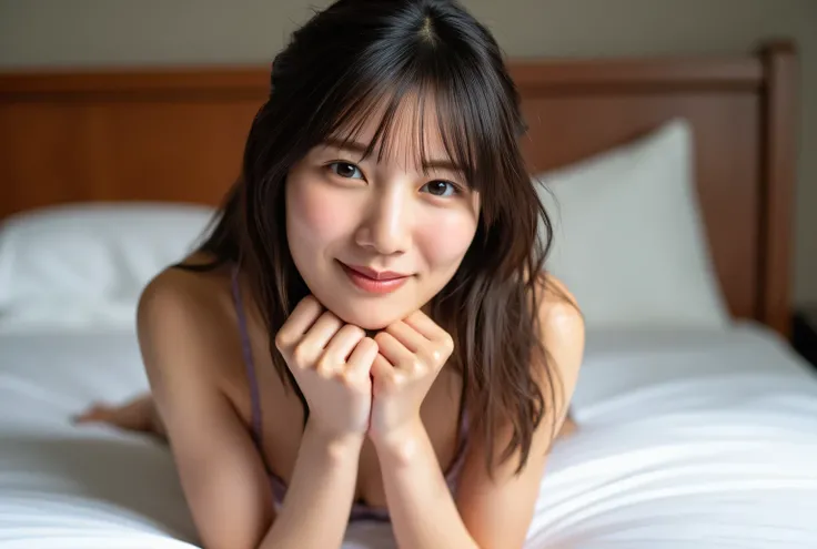 1 girl, solo, focus on face, ((dark brown, medium length, wavy hair)), (((shy smile: 1.4))), ((on bed  lying: 1.8 )), (((looking at camera: 1.7))), ((sexy lingerie)), real erect nipples, realistic textured skin, perfect anatomy, perfect fingers, love hotel...