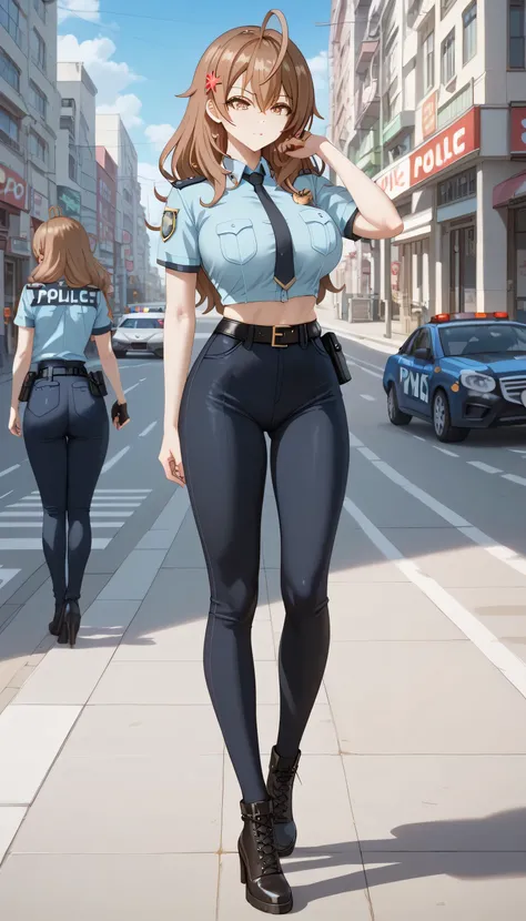 physically-based rendering, (1girl, maria mikhailovna kujou, long hair, bangs, brown hair, hair ornament, hair between eyes, brown eyes, Ahoge, large breasts), wear sexy crop top, (slim body,HUGE FAKE BREASTS:1.2), street city, slim waist, big buttocks, (f...