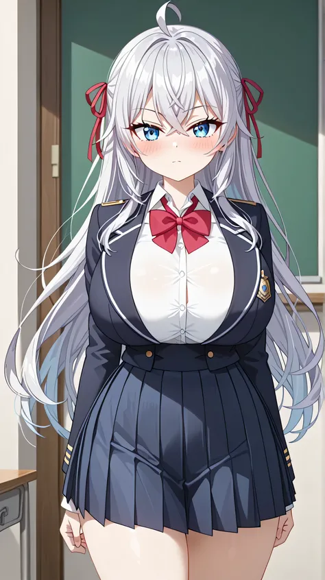(UHD, retina, masterpiece, accurate, anatomically correct, super detail, high details,   highres,anime screencap, anime coloring:1.3)、(Alisa Mikhailovna Kujou:1.3)、(long hair, silver hair, ahoge, crossed bangs, red hair ribbon, sidelocks, blue eyes:1.3)、(v...