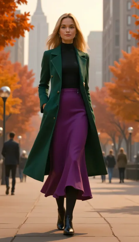 Sarah Catherine Hook as Gwen Stacy, stylized 3D animated character, golden-blonde hair, walking confidently, modern city park, autumn, long forest green coat over a black turtleneck, vibrant purple skirt, black tights, black ankle boots, sophisticated yet ...