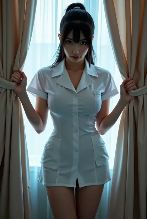 (Nurse skirt uniform), thighs wearing pantyhose.
Glamorous body, huge breasts.
Fascinating hospital room.
Moment the curtains are opened.
Super beautiful Japanese woman, villainess, evil nurse, looks like a intimidating dominatrix, closed mouth, condescend...