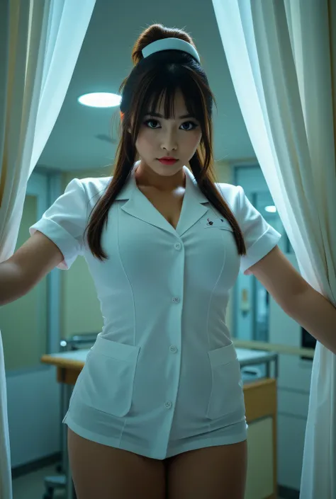 (Nurse skirt uniform), thighs wearing pantyhose.
Glamorous body, big breasts.
Fascinating hospital room.
Moment the curtains are opened.
Super beautiful Japanese woman, villainess, evil nurse, looks like a intimidating dominatrix, closed mouth, condescendi...