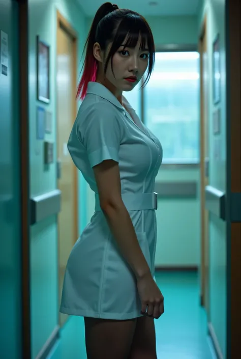 (Nurse skirt uniform), thighs wearing pantyhose.
Big breasts.
Fascinating hospital room.
Moment the curtains are opened.
Super beautiful Japanese woman, villainess, evil nurse, looks like a intimidating dominatrix, closed mouth, condescending gaze, staring...