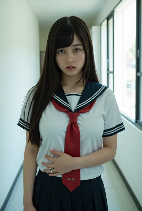 1girl, long black hair, large breast, slim waist, with a japanese sailor highschool uniform with a navy list and red tie, a white school hallway background, slim waist, large hips, hand clutching stomach, short sleeve,  pained face, unsettled face, face lo...
