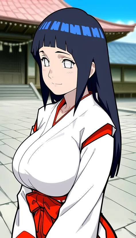 alone, 1 girl, source anime, Hiwa Hinata, long hair, blue hair, Bob cut hair, White eyes, big breasts, Wearing a miko costume, makes a cheerful bright gesture, Gorgeous than anyone, temple courtyard background