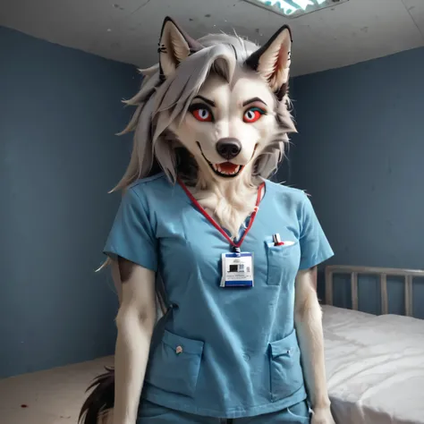 Loona, furry, fluffy tail, solo, hud_scrbs, short sleeves, shirt, pants, pocket, lanyard, ruanyi0703, blood splatter, dark, happy scary look,standing next to a hospital bed, holding a syringe with a blue liquid, low lighting, front view, high-range shot, u...