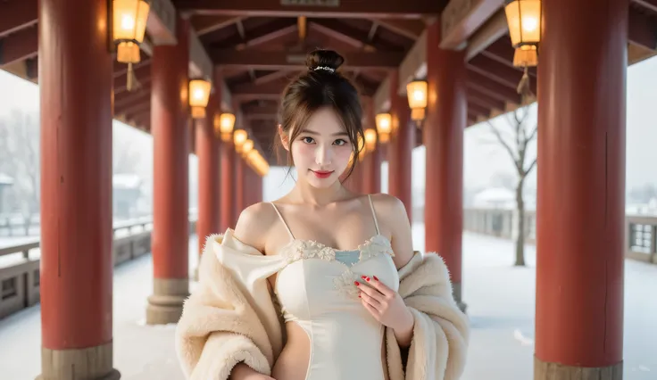 
Ultra-realistic 8K photo of a Korean woman standing under a massive red-wood beam hall, winter lanterns glowing golden above, light frost on the wooden floor. She wears a classic-meets-sexy Qipao-inspired fusion gown, adapted for winter. The gown is floor...