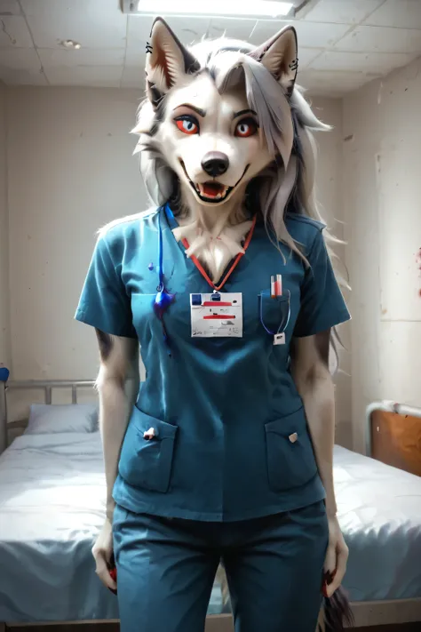 Loona, furry, fluffy tail, solo, hud_scrbs, short sleeves, shirt, pants, pocket, lanyard, ruanyi0703, blood splatter, dark, happy scary look,standing next to a hospital bed, holding a syringe with a blue liquid, low lighting, front view, high-range shot, u...
