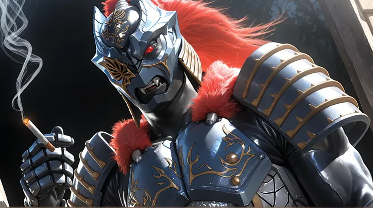 (Zamushar, pitch black manly body, masculine, muscular, defined muscles, bara, detailed armor), nsfw, monster male, shiny skin, red hair, ponytail, white pupils, fangs, uneven eyes, (one-eyed), chest armor, waist armor, Gauntlets, (muscular), leg guard, ev...