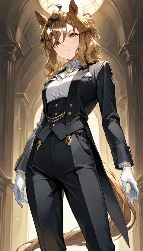 masterpiece, best quality, 1girl, jungle pocket, horse girl, brown hair, medium hair, ahoge, hair ornament, notched ear, horse tail, yellow eyes, multicolored hair, horse ears, small breasts, cowboy_shot, white gloves, black footwear, black tailcoat, white...