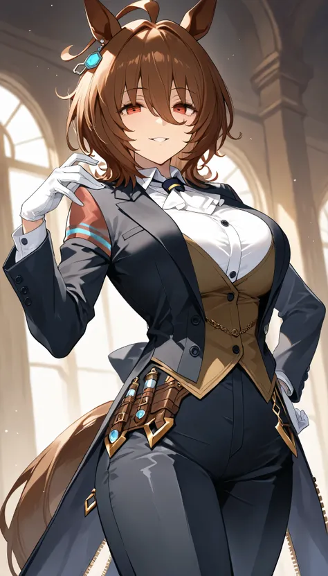 masterpiece, best quality, 1girl, agnes tachyon, horse ears, horse tail, very big breasts, cowboy_shot, white gloves, black footwear, black tailcoat, white shirt, black pants, white ascot, butler, cool posing,