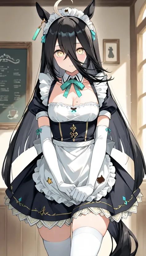 masterpiece, best quality, 1girl, manhattan cafe, ahoge, horse tail, flat breasts, mole on breast, maid headdress, detached collar, maid dress, cleavage, short sleeves, puffy sleeves, white elbow gloves, apron, white thighhighs, Composition from the front,...
