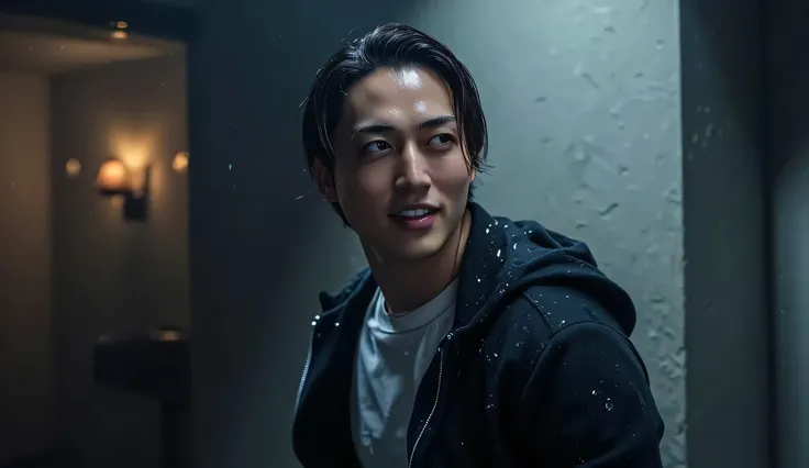 handsome man, standing, face wet with water, realistic style, photorealistic, ultra high resolution, dark atmosphere, dreamy, moody lighting, mysterious vibe