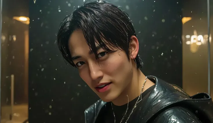 handsome man, standing, face wet with water, realistic style, photorealistic, ultra high resolution, dark atmosphere, dreamy, moody lighting, mysterious vibe