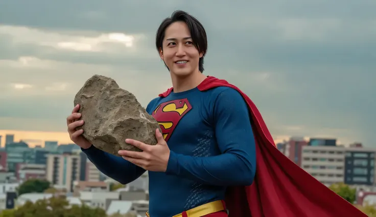 handsome man, wearing a Superman costume, throwing a rock, realistic style, ultra high resolution, photorealistic, powerful pose, dramatic lighting, cool