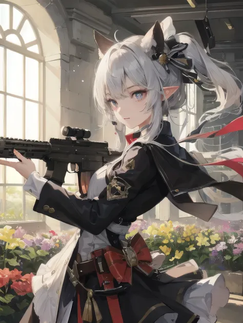 (masterpiece、top quality、Enlightenment、super quality、High Definition、very delicate depiction)A girl with long silver hair stands in a beautiful field of flowers、faint smile、Beast Ears，Standing Together&#39;My feet，， She has a big bouquet of flowers 、lovely...