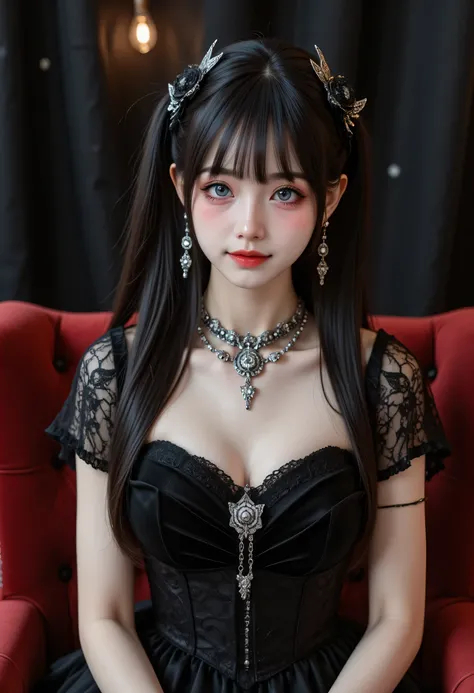 A beautiful lady, 25 years old, long straight black hair, glowing Blue eyes, Red glossy lips, wearing off arms Black gothic dress, ( detailed silver earrings, hairpin, bros, necklace and bracelet), proposional body, sitting on red chair, looking forward, g...