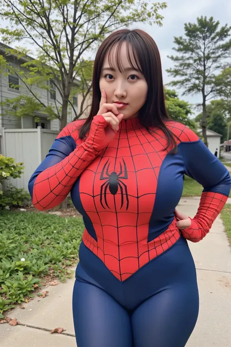 Full-figured body, Plus-size woman, Spider-Man, Peter Parker, NSFW, 1 girl, (cleavage cutout : 2.5), realistic cleavage, (She is wearing nothing but a highly detailed, realistic, skin-tight rubber Spider-Man suit with a plunging neckline. : 1.9), (Deep Cle...