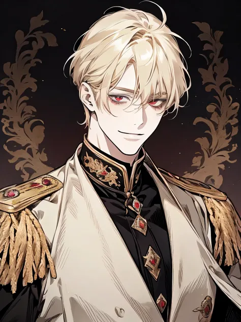 alone, anime illustration of a blond man with red eyes, emperor, clean animated outlines , side part bangs, medium length hair, animated portrait of a handsome man, man anime style, smiling face