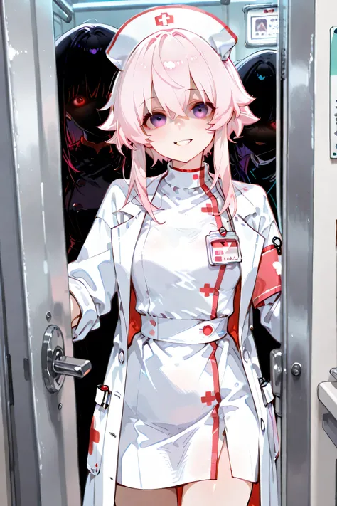 top quality、masterpiece、A yandere nurse is gently holding a young man from behind as he prepares to leave the hospital、She is smiling in her white lab coat, but there are shadows around her eyes、The re-examination document has a stamp on it that says 「Ther...