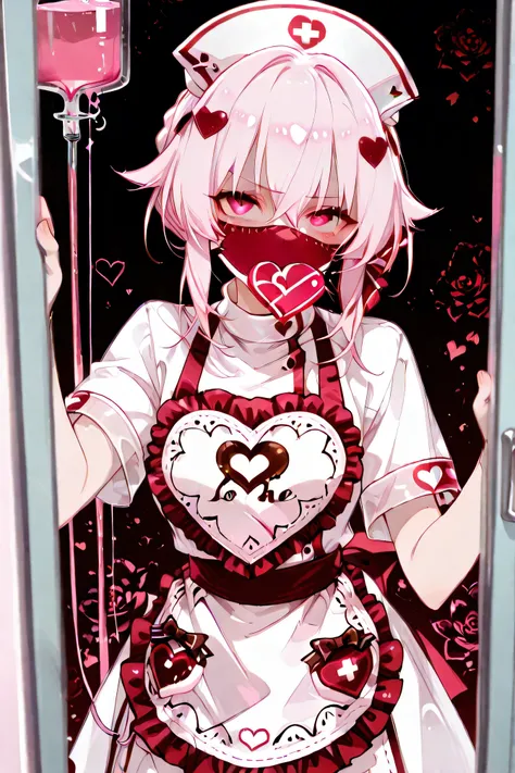 top quality、masterpiece、pink liquid hanging from an infusion stand、yandere nurse preparing with a smile、heart-patterned apron under a white coat、Mask around the mouth、but her eyes are glaring、Composition explaining「special love blend」to patients、Valentine'...