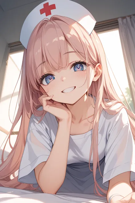 top quality、masterpiece、Yandere style nurse、dark treatment room、slight blood splashes on white nurse clothes、has long hair hanging down and smiling eerily、beautiful but strange atmosphere、Composition Looking Down on Patients、Open your eyes 「no rejection allowed」Obsession、horror production、cute