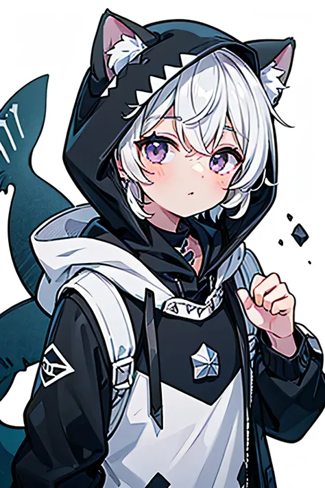 ((((cute) boy))), dark-gray meshed white hair, white cat ears, dark-gray (ametrine) eyes, black iris, no eye highlights, ((several hood decoration with jagged sharkish fin-shaped complicated accesories)), white black coat with hood decorated with accesori...