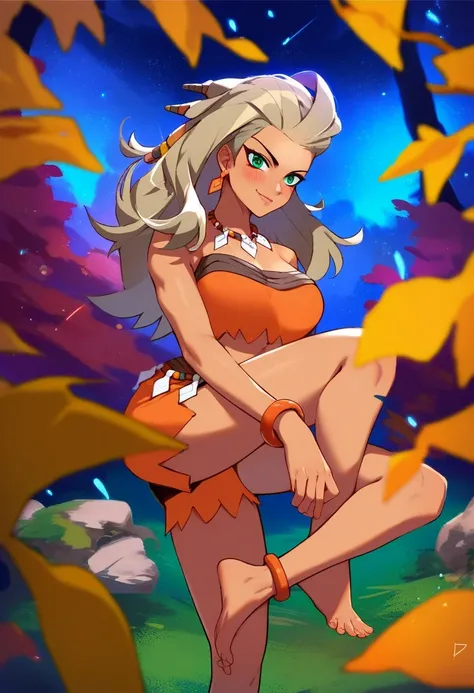 score_9, score_8_up, score_7_up, score_6_up, source_anime, 1girl, solo,   pmsda, dark-skinned female, long hair, light brown hair, green eyes, hair ornament, earrings, necklace, sleeveless, orange crop top, orange shorts, bracelet, large breasts, looking a...