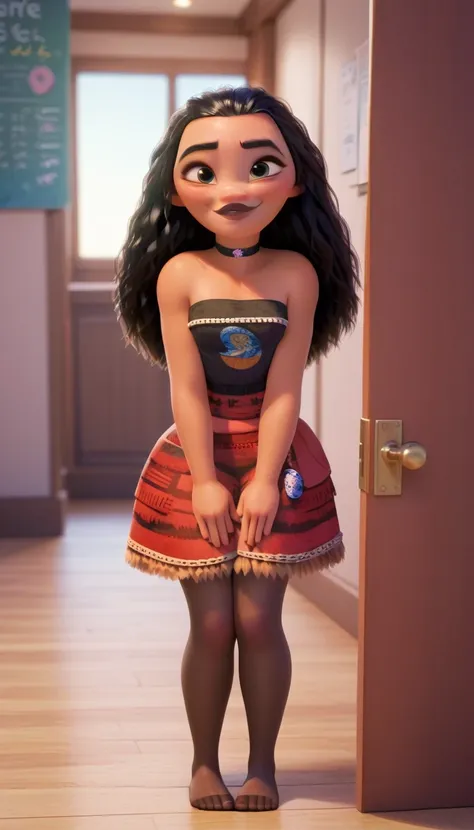 moana, Bblack hair, eyes browns, brunette skin, corner smile, Black Eye Pencil, black lipstick, black jersey, bared shoulders, black choker, looking at the viewer, black flared skirt, black pantyhose, nice legs, hands between legs, whole body, pose, on his...
