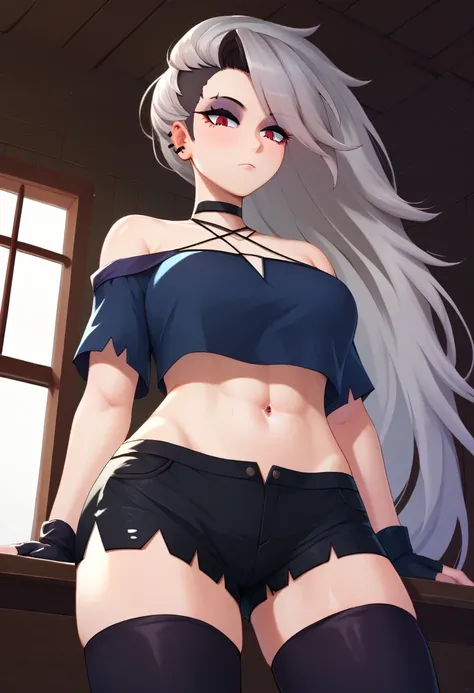 score_9, score_8_up, score_7_up, score_9,4k, HD, 8k, highres, antialiasing, detailed, texture, cinematic lighting, BREAK   LoonaSDXL, 1girl, solo, long hair, looking at viewer, shirt, red eyes, thighhighs, gloves, navel, bare shoulders, jewelry, very long ...