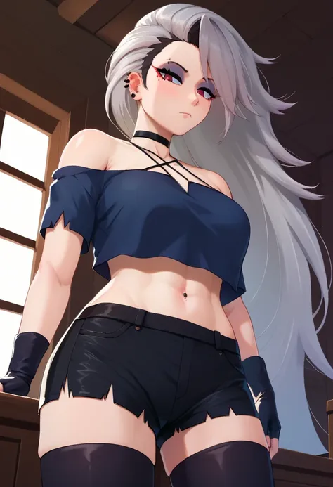 score_9, score_8_up, score_7_up, score_9,4k, HD, 8k, highres, antialiasing, detailed, texture, cinematic lighting, BREAK   LoonaSDXL, 1girl, solo, long hair, looking at viewer, shirt, red eyes, thighhighs, gloves, navel, bare shoulders, jewelry, very long ...