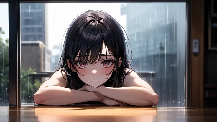 a close-up of a young woman with tired eyes and expressionless face, sitting by a rainy window in soft twilight, a faint pinkish-blue glow reflecting on her face, everything slightly blurred as if seen through a fogged lens, poetic and emotionally muted —a...