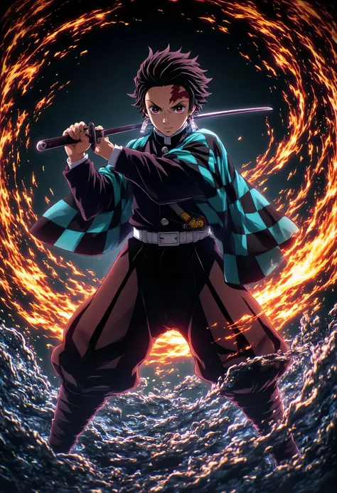 (1 male,Tanjiro Kamado),Demon slayer,Tanjiro&#39;s Costume,,Water and fire effects,Intricate details,,Decadent,artwork,rendering,Dynamic pose,(masterpiece:1.3),(highest quality:1.4),(Super detailed:1.5),High resolution,Very detailed,unity 8k wallpaper,Dark...