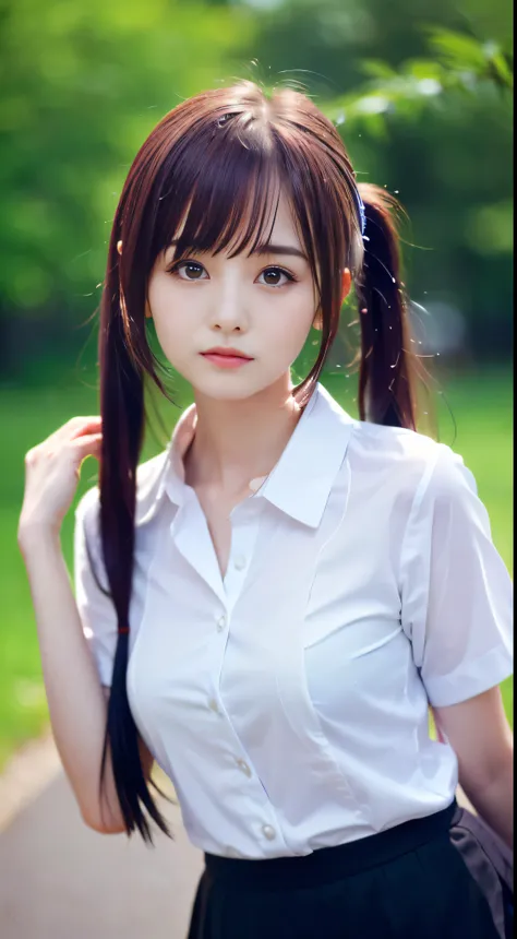 (Close-up face shot of a slender small-breasted twin tail maroon long hair with bangs between eyes girl in a wet white school shirt and black skirt :1.5)、(A girl is running on a rural town road in Japan with crying face and her hair and face are drenched i...