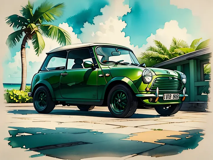 (masterpiece:1.2, top quality),(very well detailed),(watercolor),8k,details,Thinning,British Racing Green Classic Mini,Key West,Caribbean Scenery and Historic Buildings