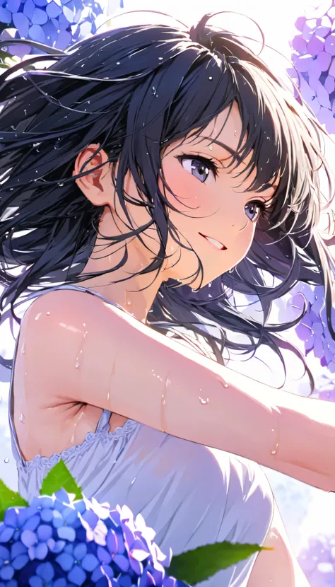 masterpiece, best quality, ultra-detailed, 8k, high resolution, Gentle colors, soft focus, dreamy background, White background, Hydrangea background, Delicate and dynamic, light rain, The wind is blowing, 1 girl, Long white camisole dress, Wet and shiny bl...