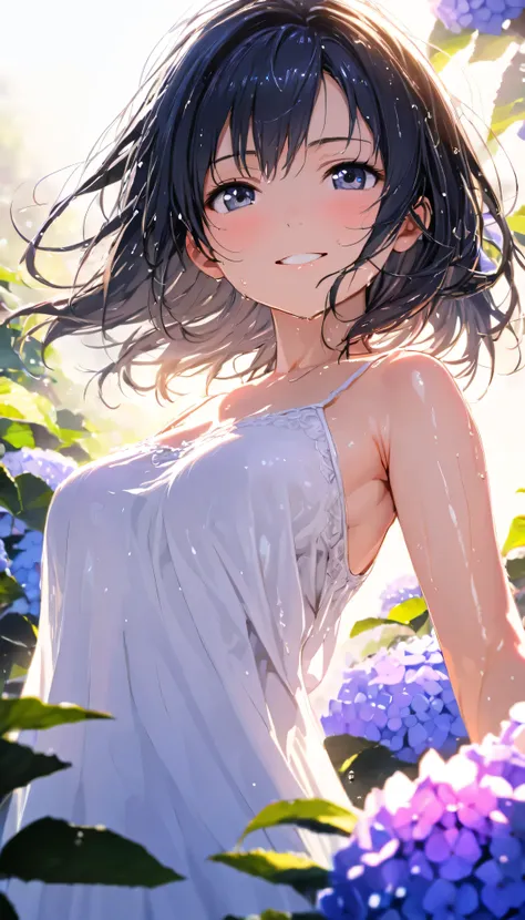 masterpiece, best quality, ultra-detailed, 8k, high resolution, Gentle colors, soft focus, dreamy background, White background, Hydrangea background, Delicate and dynamic, light rain, The wind is blowing, 1 girl, Long white camisole dress, Wet and shiny bl...