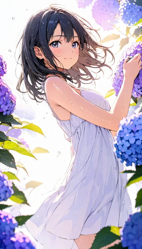 masterpiece, best quality, ultra-detailed, 8k, high resolution, Gentle colors, soft focus, dreamy background, White background, Hydrangea background, Delicate and dynamic, light rain, The wind is blowing, 1 girl, Long white camisole dress, Wet and shiny bl...