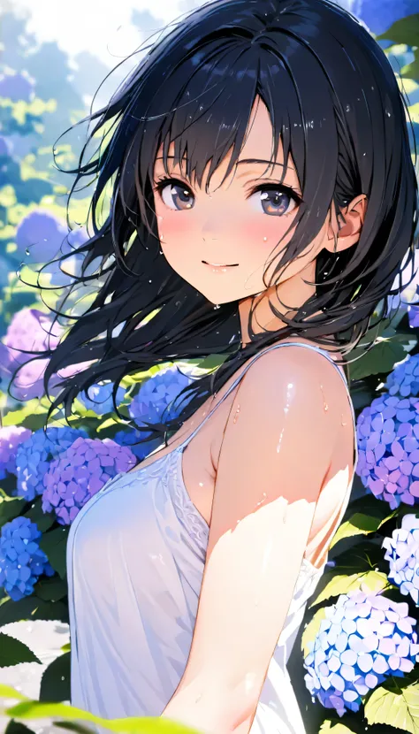 masterpiece, best quality, ultra-detailed, 8k, high resolution, Gentle colors, soft focus, dreamy background, White background, Hydrangea background, Delicate and dynamic, light rain, The wind is blowing, 1 girl, Long white camisole dress, Wet and shiny bl...